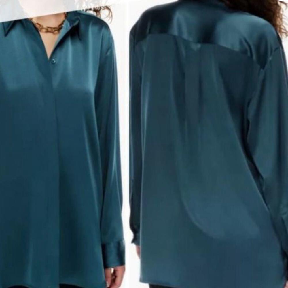 SOLD Aritzia Babaton Sable Herbage Green Satin Long Sleeve Button-down Shirt S - Picture 3 of 15